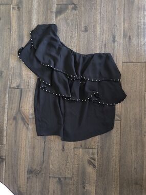 Lucky Brand Black One-Shoulder Ruffle Dress with Pearl-Like Trim